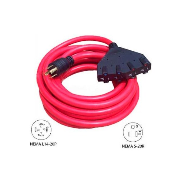 Conntek 20501, 25', 20A Generator Locking Extension Cord with NEMA L14-20P to 15/20R*4, Red 20501 - main